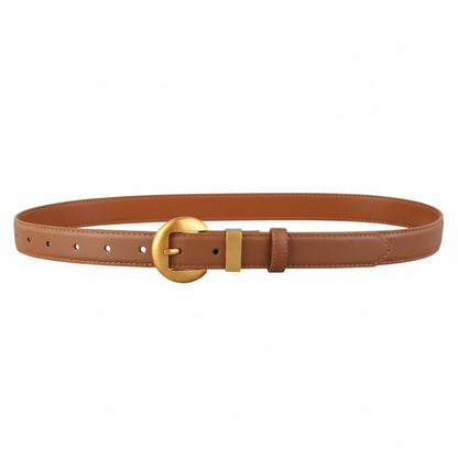 Brown leather belt with a gold buckle on a white background