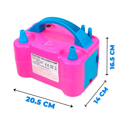 Electric party balloon inflator in pink and blue, featuring two nozzles and labeled specifications on the side.