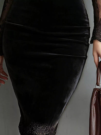 Model wearing a black velvet bodycon dress with sheer long lace sleeves, a chest cutout and lace-trimmed hem