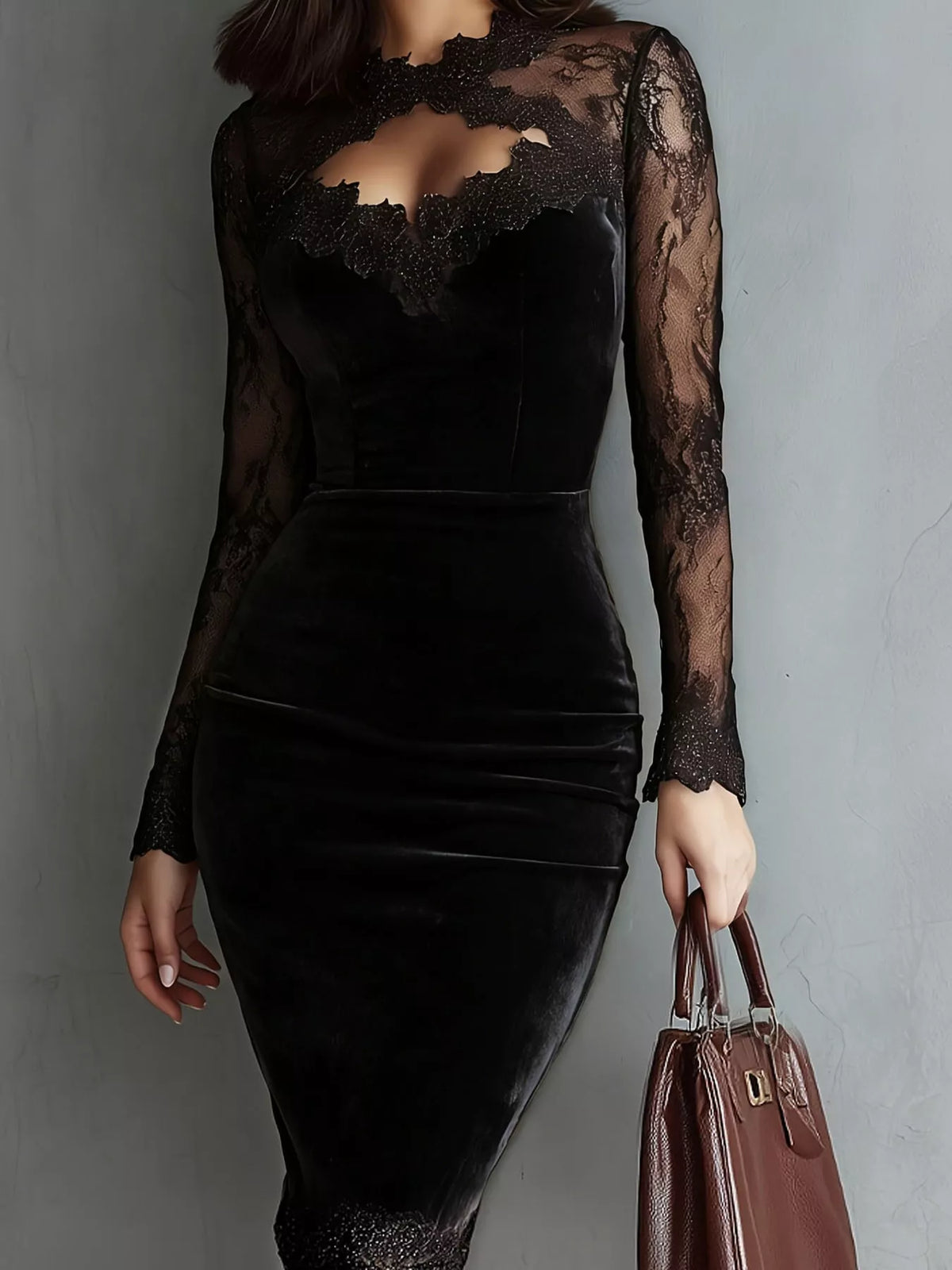 Model wearing a black velvet bodycon dress with sheer long lace sleeves, a chest cutout and lace-trimmed hem