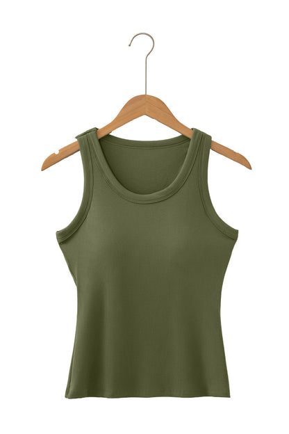 Green tank top on a wooden hanger against a white background