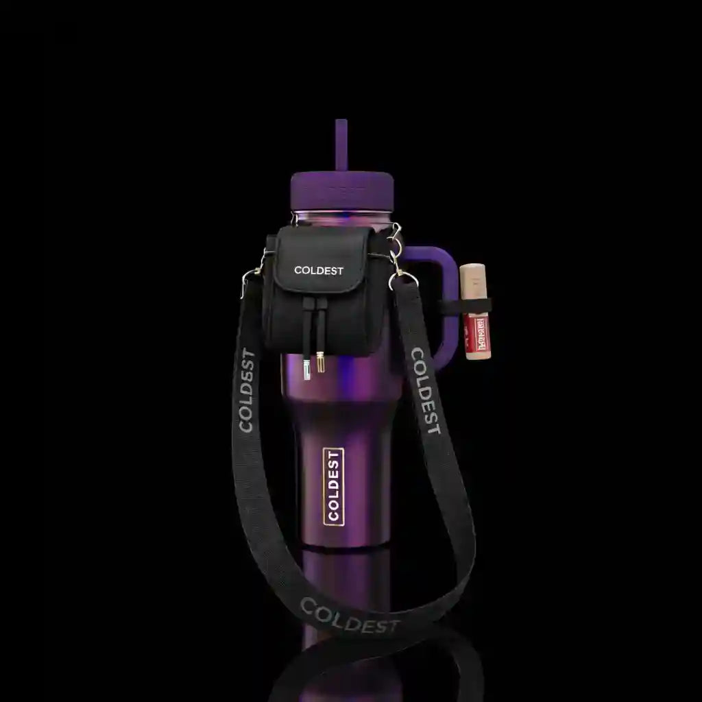 Coldest water bottle in purple with a mini backpack, squeeze holder, key hanger, and branded strap.