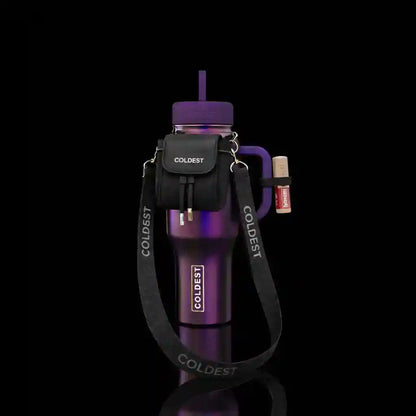 Coldest water bottle in purple with a mini backpack, squeeze holder, key hanger, and branded strap.