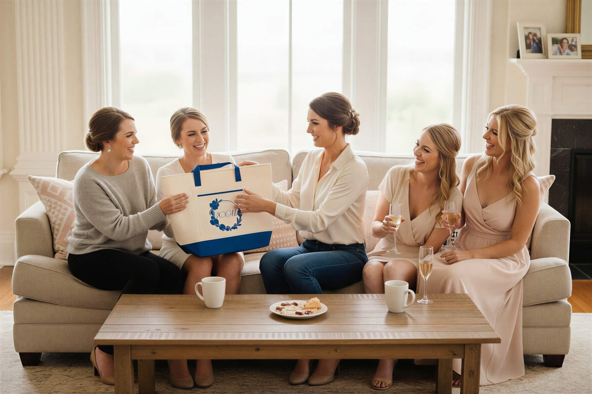 An off-white canvas tote bag with royal blue handles and bottom trim, featuring a front pocket with a blue floral wreath design and the monogram 'KCM'.