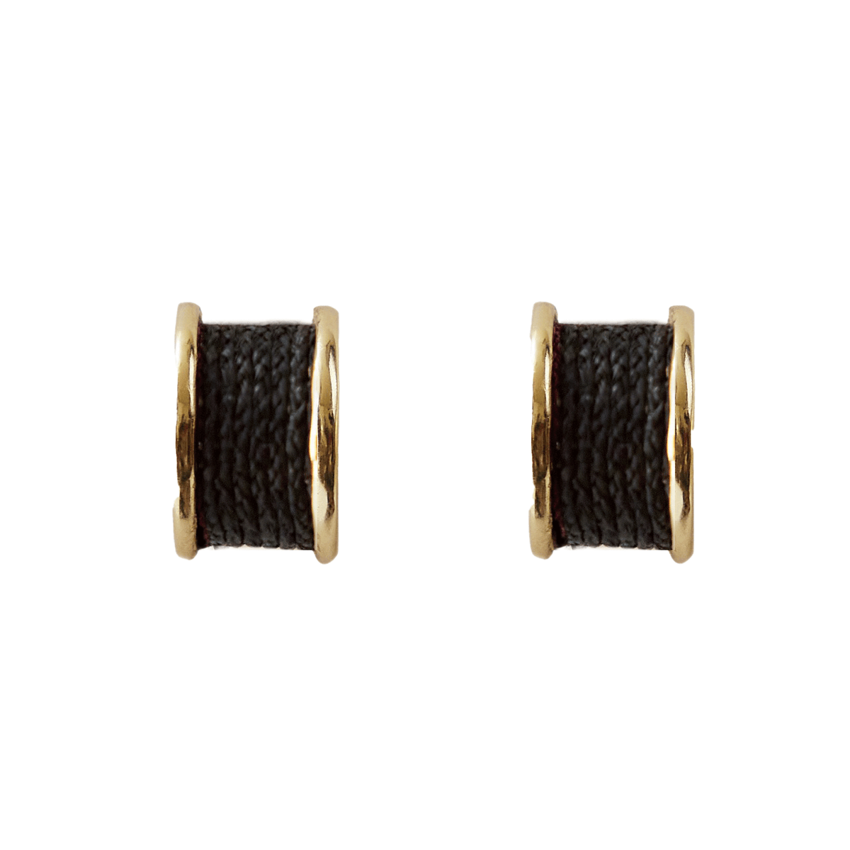 Pair of earrings with gold loops and black fabric-like centers on a white background