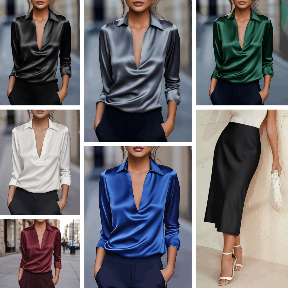 Satin Blouse and High Waist Black Satin Skirt Bundle