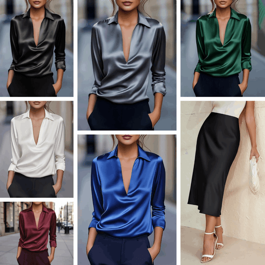 Satin Blouse and High Waist Black Satin Skirt Bundle