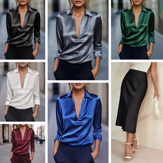 Satin Blouse and High Waist Black Satin Skirt Bundle