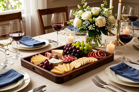 A wooden charcuterie board filled with cheeses, crackers, grapes, sliced salami, and cured meats, set on a dining table surrounded by wine glasses, plates, blue napkins, candles, and a white rose bouquet.