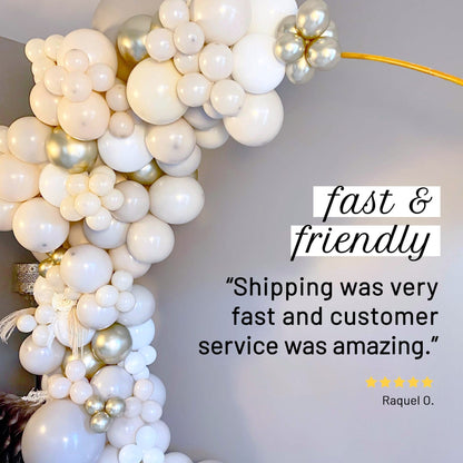 Balloon arch with text overlay about fast shipping and friendly customer service