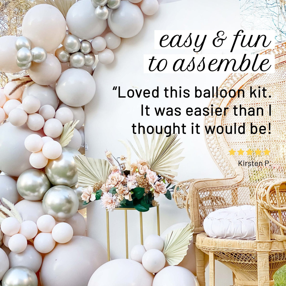 Balloon arch with decorative elements and a chair, featuring a five-star review.