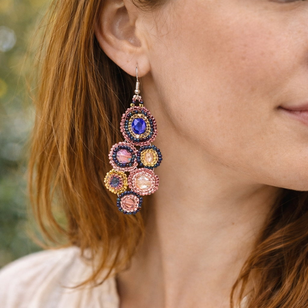 Close-up of a person wearing colorful earrings with a blurred background