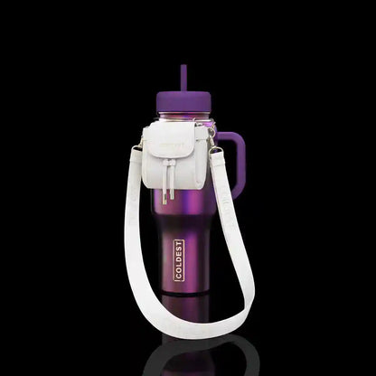 Coldest water bottle in purple with a white mini backpack and squeeze holder, featuring a key hanger.