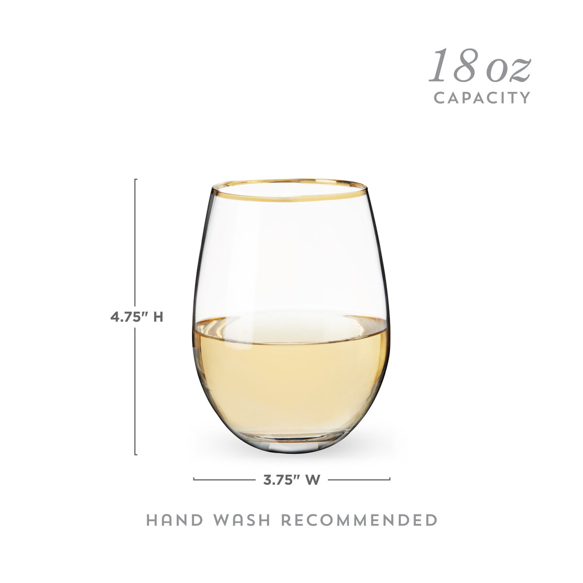 Stemless wine glass with gold rim and white wine, showing measurements and hand wash recommendation on a white background.