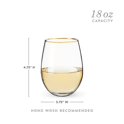 Stemless wine glass with gold rim and white wine, showing measurements and hand wash recommendation on a white background.