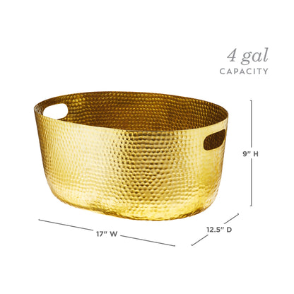 Hammered gold beverage tub dimension guide showing 17-inch width, 12.5-inch depth, 9-inch height, and 4-gallon capacity.