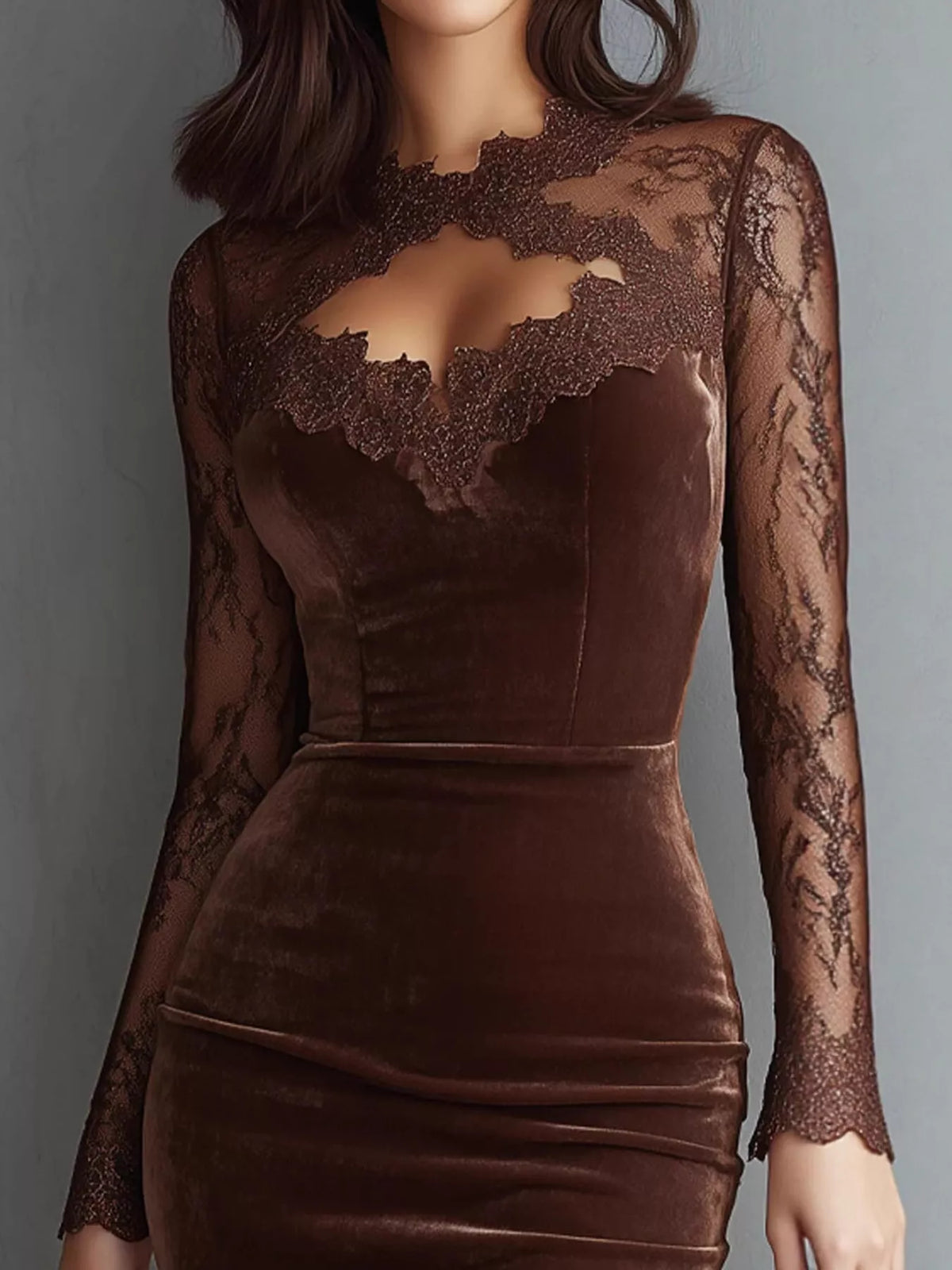 Model wearing a coffee-brown velvet bodycon dress with sheer long lace sleeves, a chest cutout and lace-trimmed hem