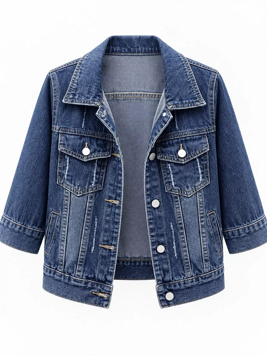 Front view of blue distressed denim jacket with mid-length sleeves and silver-tone buttons.