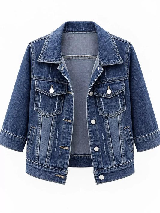 Front view of blue distressed denim jacket with mid-length sleeves and silver-tone buttons.