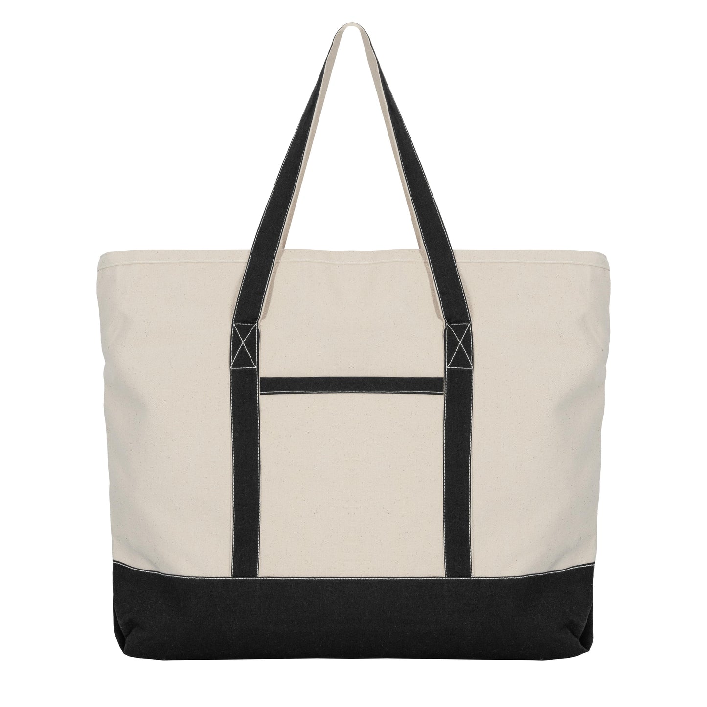 Beige tote bag with black accents on a white background