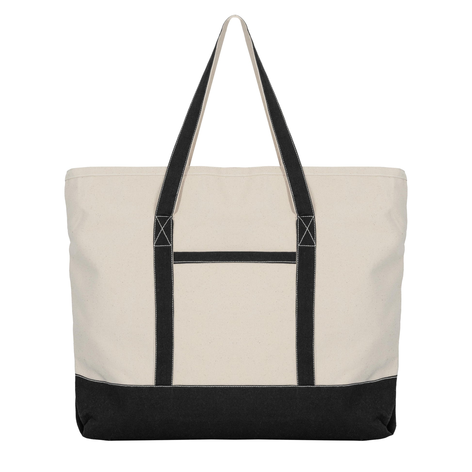 Beige tote bag with black accents on a white background