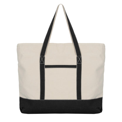 Beige tote bag with black accents on a white background