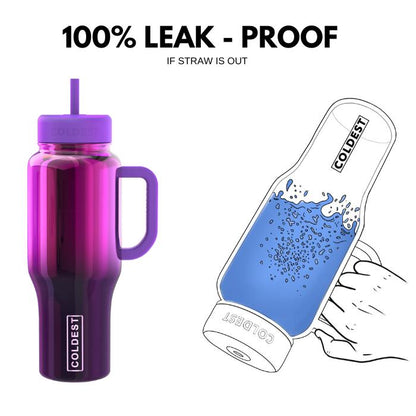 Purple water bottle with handle and straw lid, featuring 'Coldest' branding, on a white background.