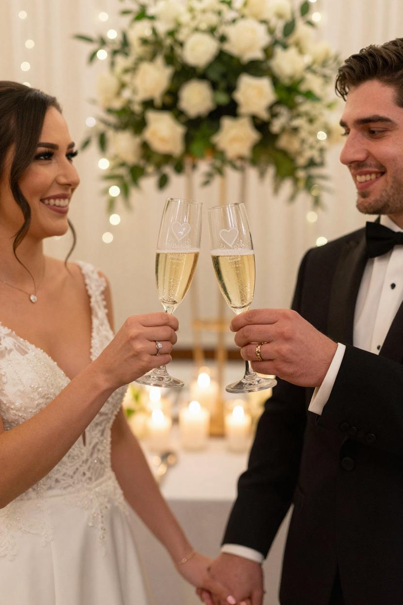 A smiling bride in a white lace wedding dress and a groom in a black tuxedo with a bow tie clink champagne flutes together, with a floral backdrop and warm candlelight in the background.