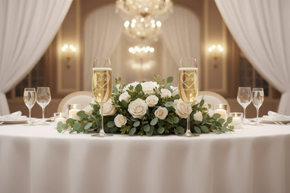 A personalized champagne flute with a heart outline and the initials 'J&R' and the date '10.26.2025 on a wedding reception table with roses and chandelier in the background.