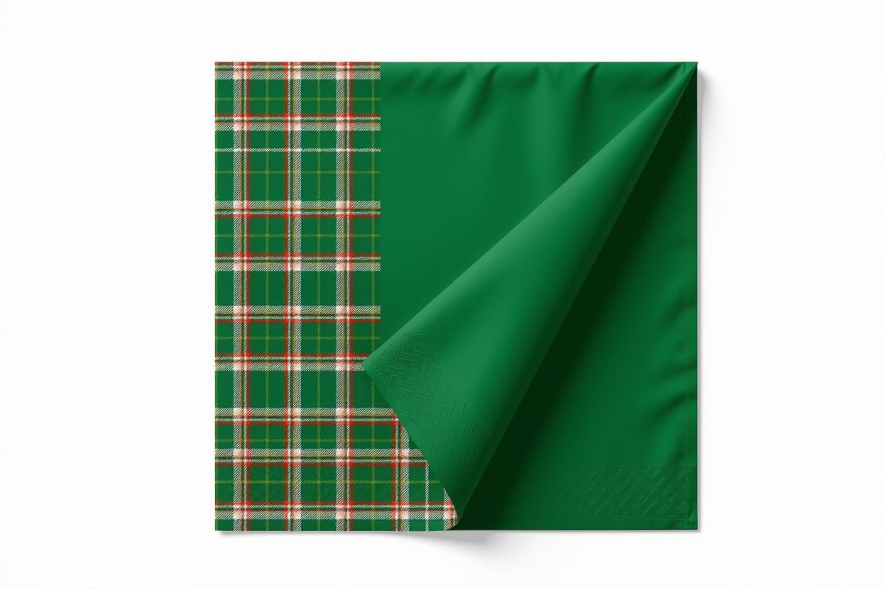 A folded green napkin with one side showing a green, red, and white plaid pattern, displayed on a clean white background.