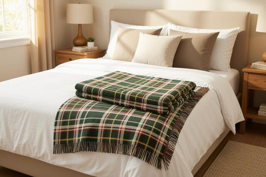 Green, cream, yellow, and red tartan plaid woven throw blanket with multicolored fringed edges folded on a white bed.