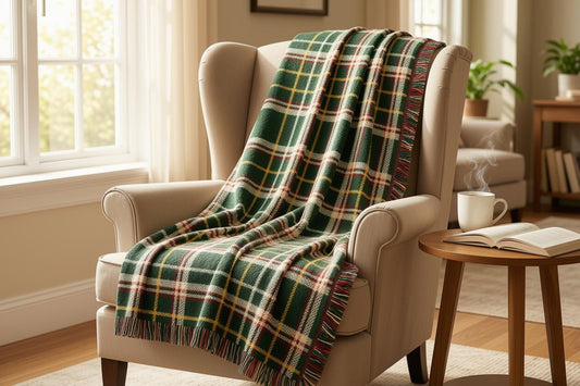 Green, cream, yellow, and red tartan plaid woven throw blanket with multicolored fringed edges.