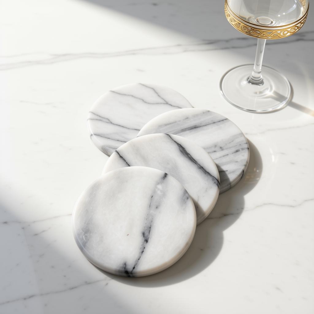 Four round white marble coasters with natural gray veining, arranged on a white marble surface next to a wine glass with a gold band.