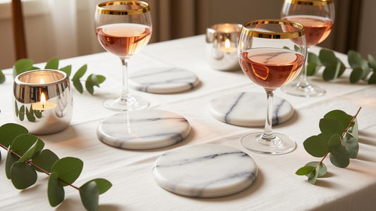 A styled dining table setting featuring round white marble coasters with gray veining, clear wine glasses filled with rosé wine and gold-rimmed edges, silver candle holders with lit candles, and green eucalyptus leaves on a white tablecloth.