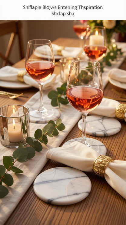 A styled dining table setting with two wine glasses filled with rosé wine, round white marble coasters, folded cream napkins with gold ring napkins, candles, and greenery on a wooden table. Text at the top reads 'Shiflape Blows Entering Thspiration Shclap sha'.