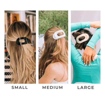 Three hair clips shown on different hairstyles with labels for small, medium, and large sizes.