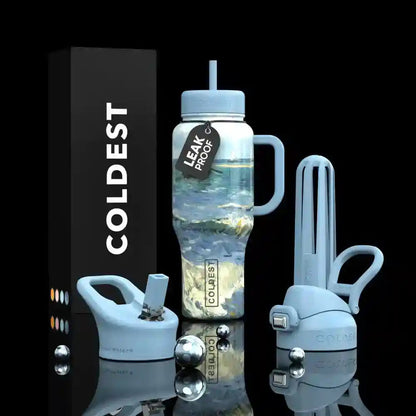 Leak-proof water bottle with accessories on a black background, featuring the brand 'Coldest'.