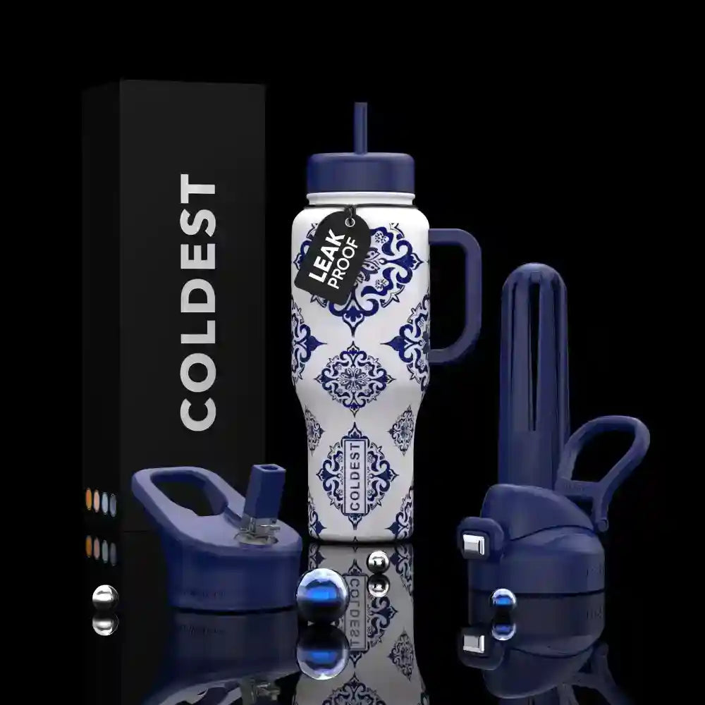Blue and white water bottle with decorative pattern on a black background