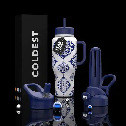 Blue and white water bottle with decorative pattern on a black background