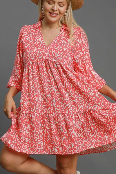 Umgee Two Tone Print Balloon Sleeve Tiered Dress Purely