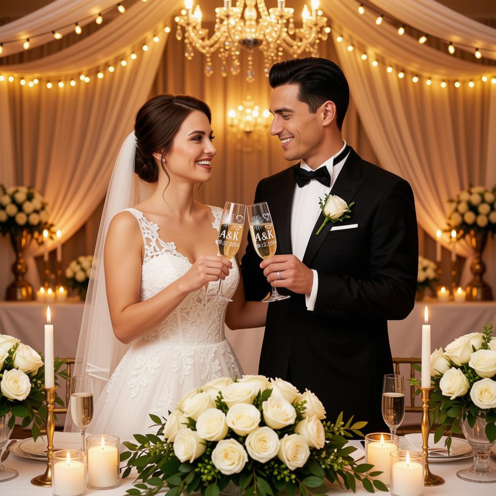 A bride in a white lace wedding dress and veil and a groom in a black tuxedo with a white boutonniere clink champagne glasses at an elegant reception table decorated with white roses and candles.
