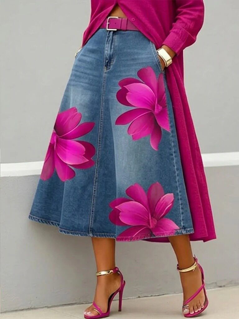 Person wearing a pink floral dress with a blue denim skirt featuring pink flowers, standing against a gray background.