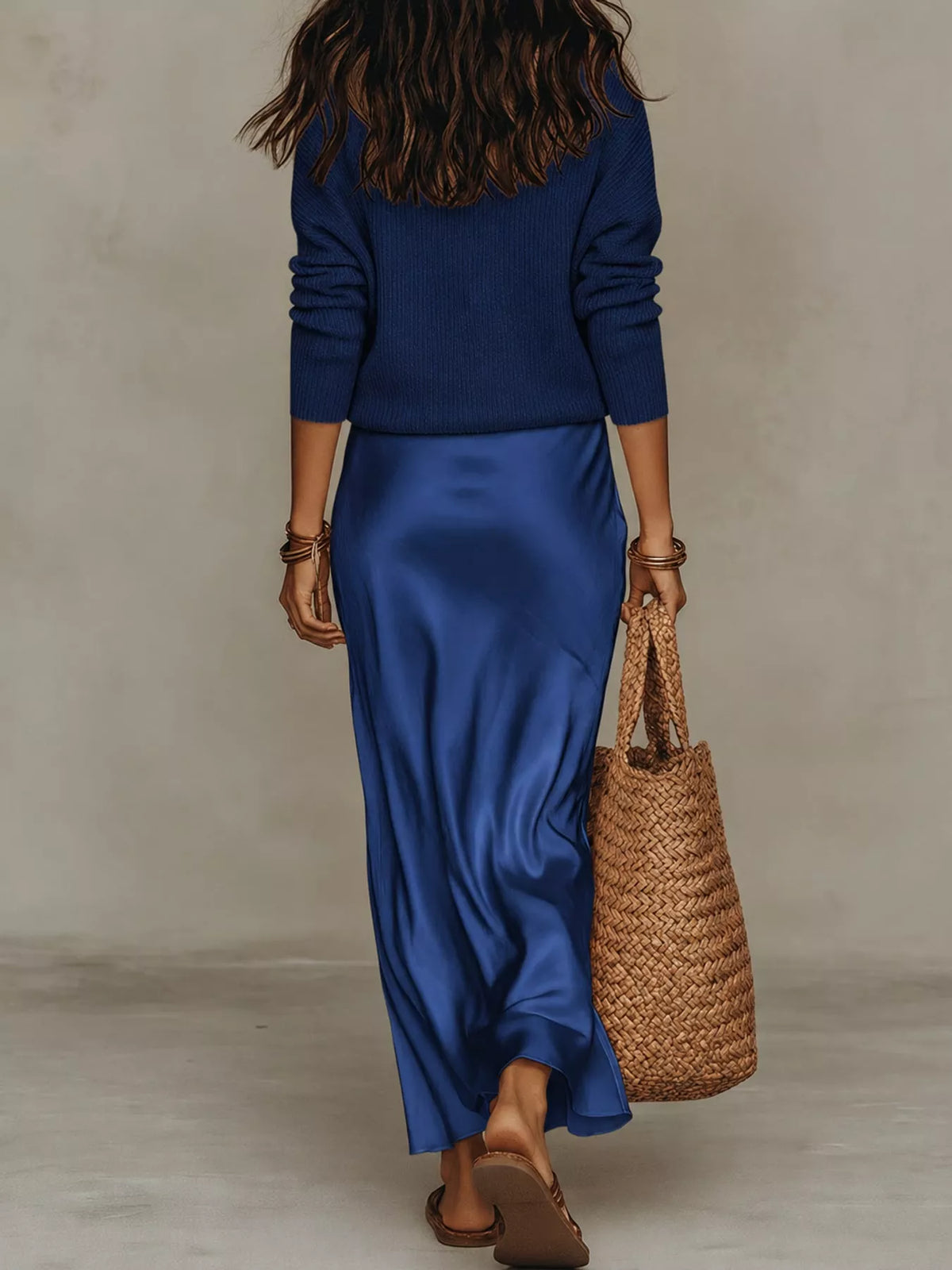 Back view of dark blue ribbed top and satin midi skirt set.