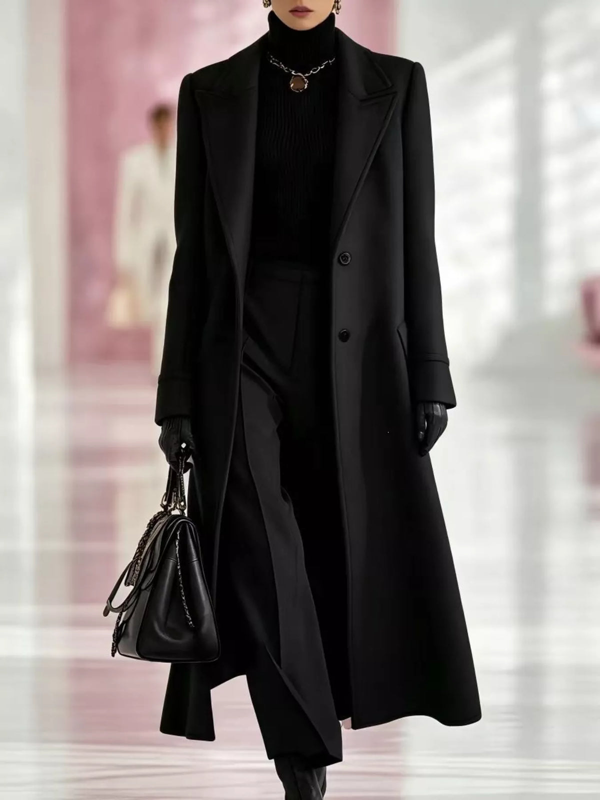 Model wearing a black longline coat with a lapel collar and button front over a black turtleneck and black trousers.