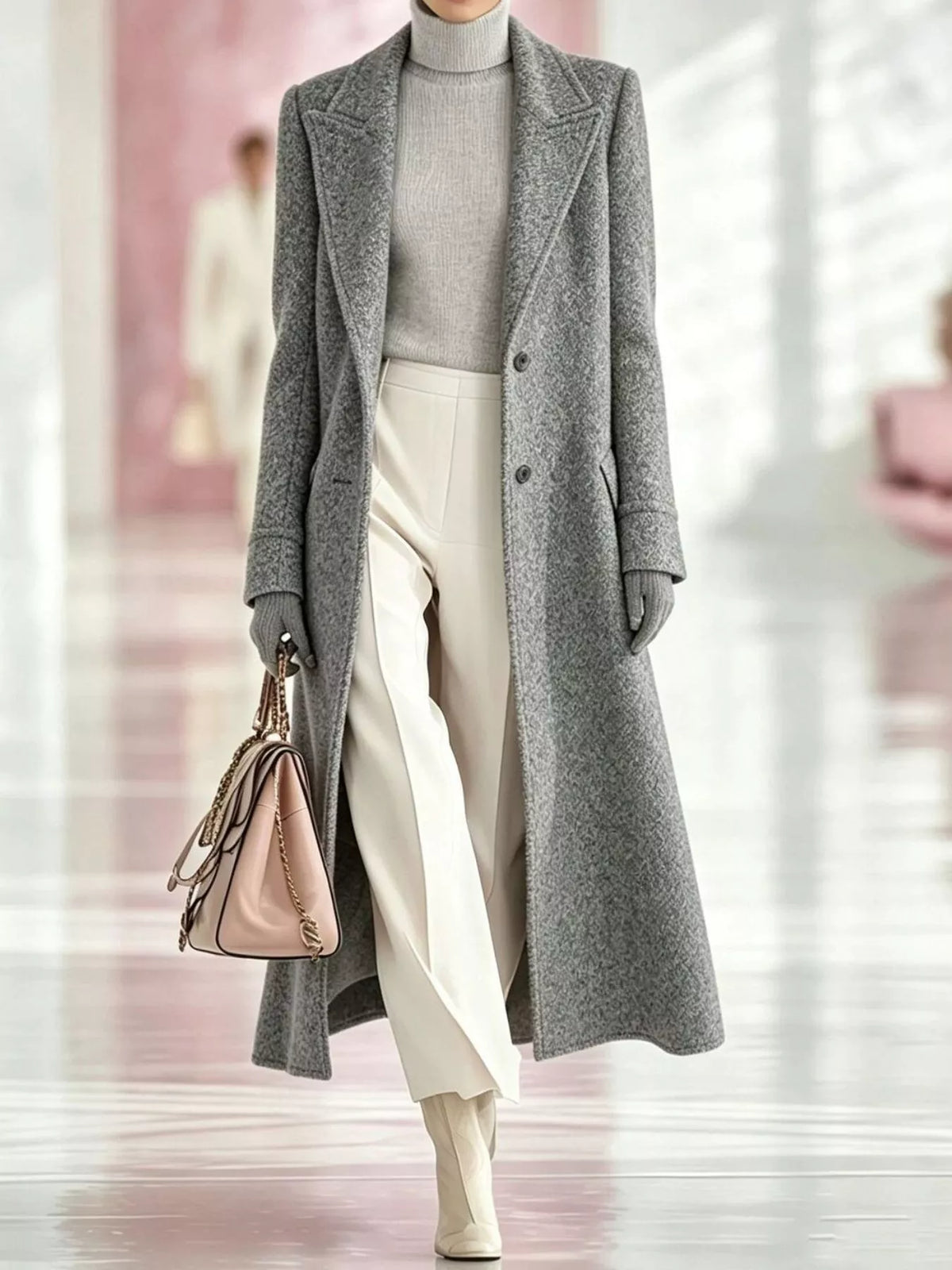 Model wearing a grey longline coat with a lapel collar and button front over a grey turtleneck and grey trousers.