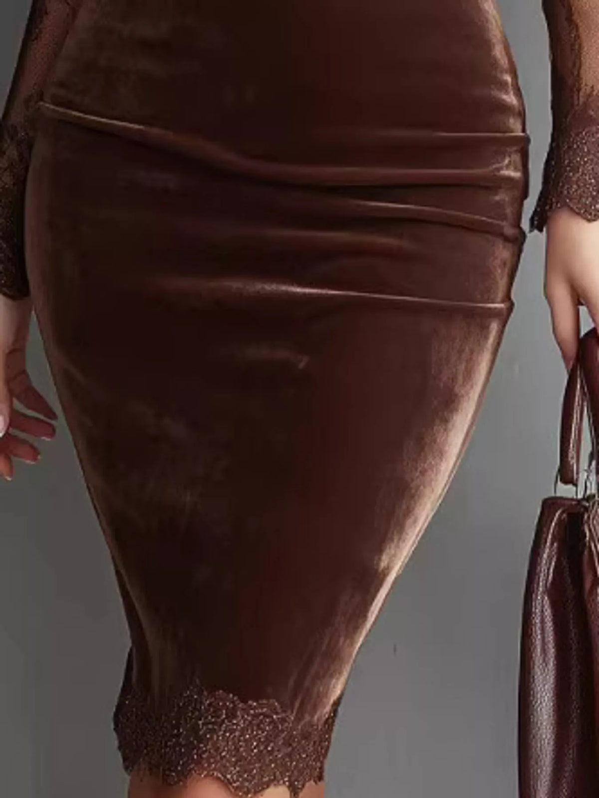 Model wearing a coffee-brown velvet bodycon dress with sheer long lace sleeves, a chest cutout and lace-trimmed hem