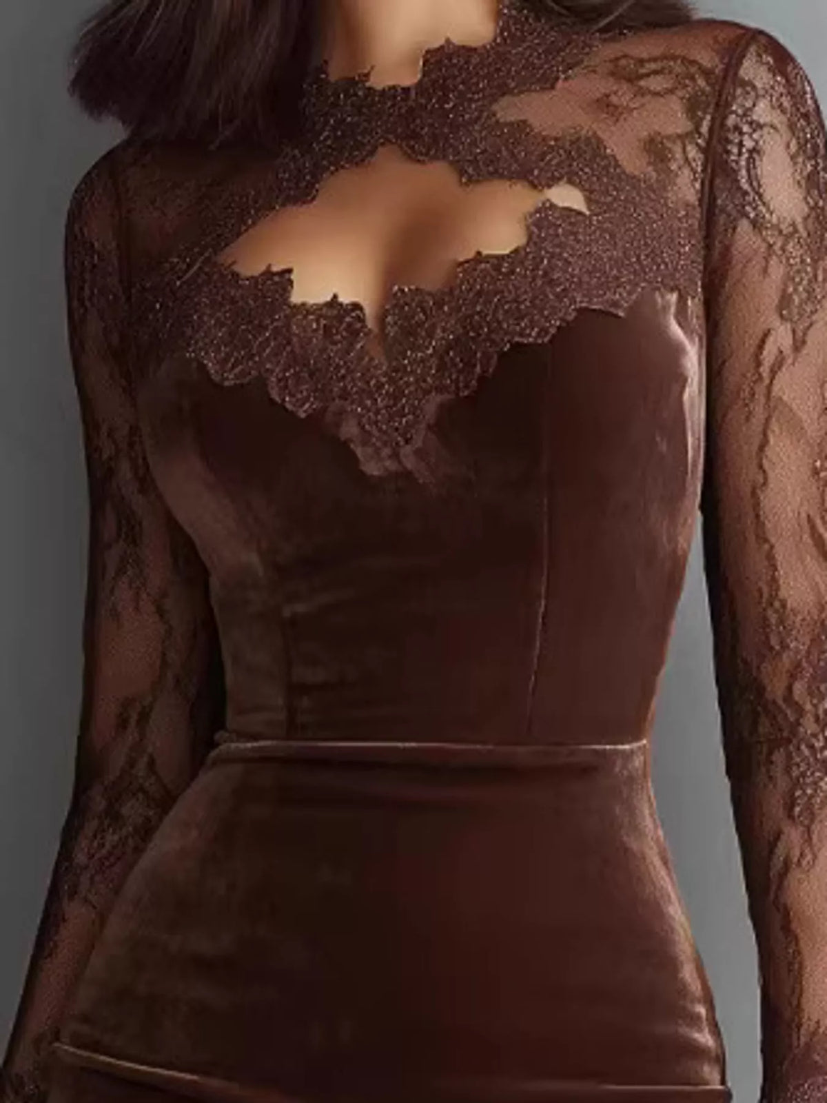 Model wearing a coffee-brown velvet bodycon dress with sheer long lace sleeves, a chest cutout and lace-trimmed hem