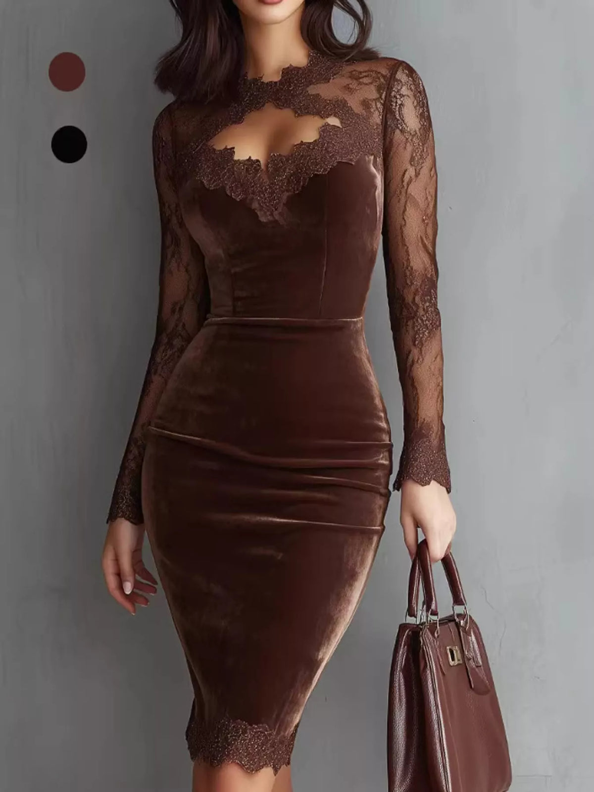 Model wearing a coffee-brown velvet bodycon dress with sheer long lace sleeves, a chest cutout and lace-trimmed hem