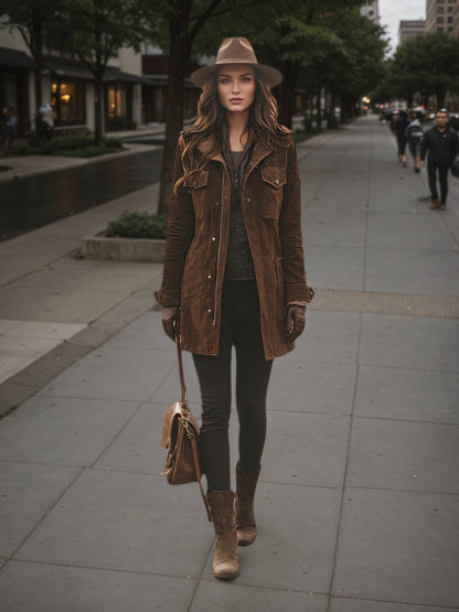 Woman in a brown coat and hat walking on a city street.