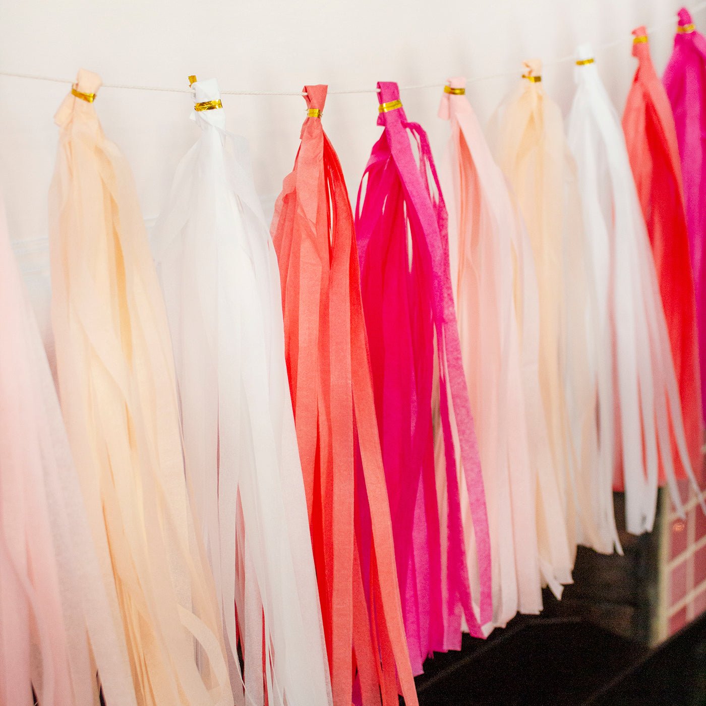Colorful tassel decorations hanging on a string against a light background